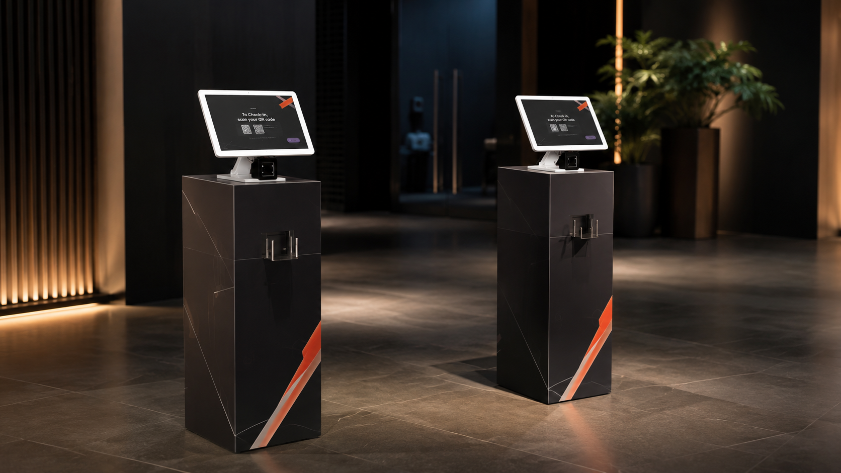 Two branded Xtag check-in kiosks in a premium event lobby